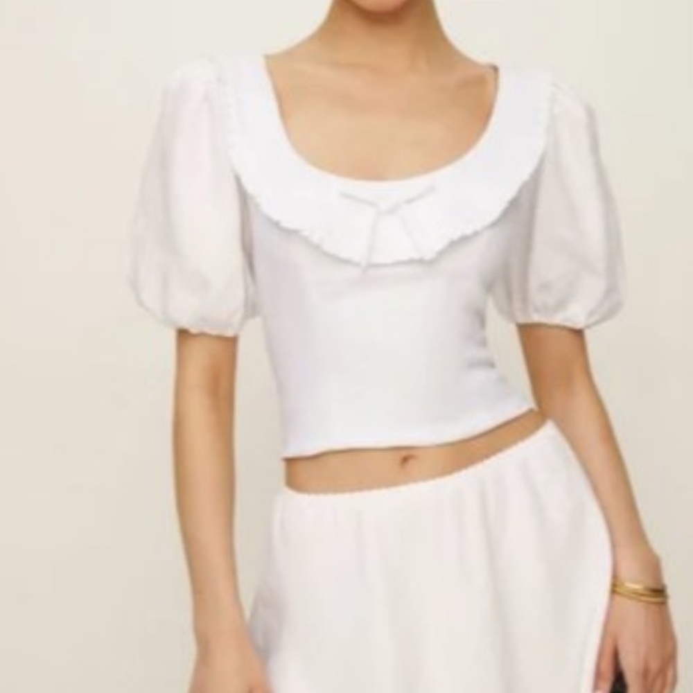 Reformation Greta Linen Top in White Puff Short Sleeves Ruffle Size 2